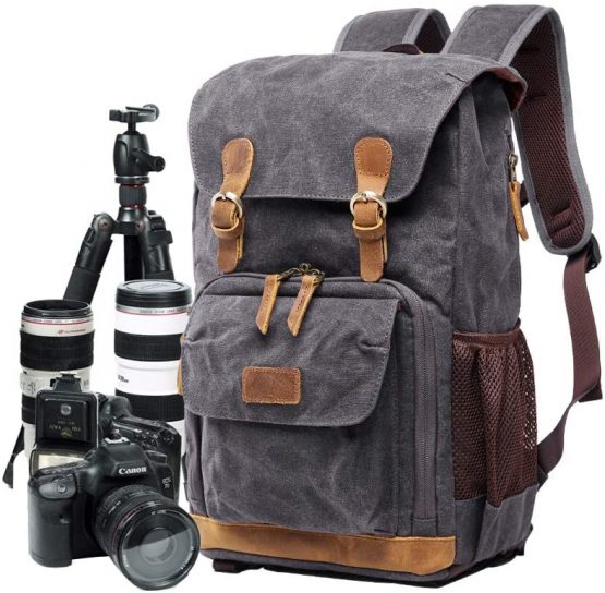 Camera Bag, Canvas SLR DSLR Camera Backpack Large Capacity Front Open Waterproof Anti-shock Camera Rucksack Camera Travel Bag Professional Camera Lens Organizer Gray