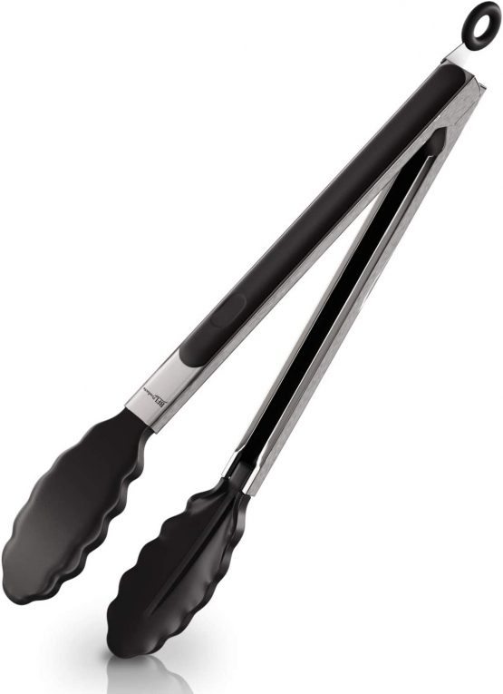 Kitchen Silicone Tongs 9 Inches (Black Color) | Stainless Steel Handle With Easy Grip And Smart Padlock System | Curved Silicone Tip For Strong Grip | Handy Tong For BBQ, Serving, Frying, And Cooking