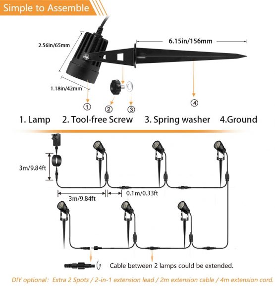 ECOWHO Garden Lights Mains Powered 21m Outdoor Lights IP65 LED 12V Spike Lighting Metal Uplighter Warm White Ground & Wall Mounted for Yard Path Tree(6-Pack Extendable to 12 Spotlights) - Image 3