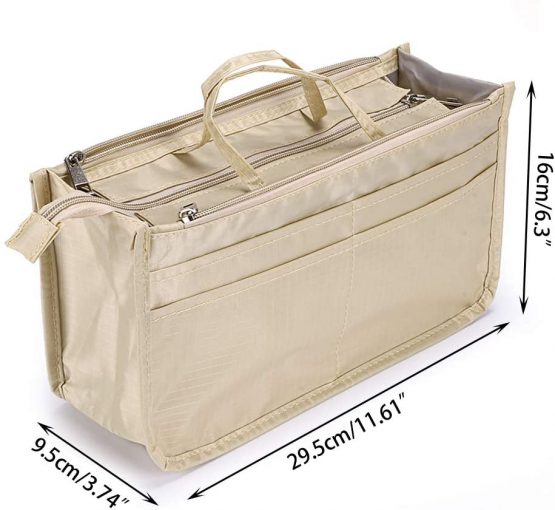 IGNPION Printed Insert Handbag Purse Organiser 13 Pockets Expandable Liner Bag Pouch Zipper Closure Tote Organiser Diaper Bag Insert with Handle (Beige） - Image 2