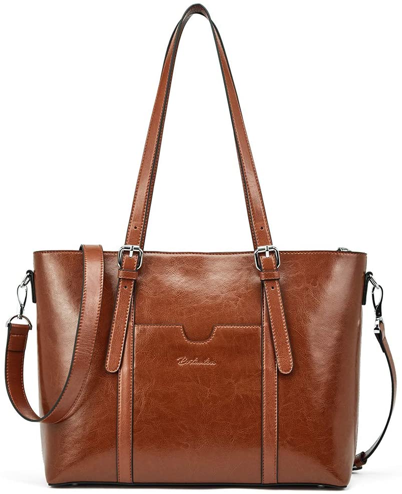 BOSTANTEN Womens Genuine Leather Handbags Large Capacity Vintage Top-Handle Tote Bag Casual 15.6 inch laptop Shoulder Bags Brown