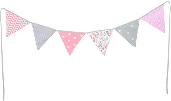 PREMYO Fabric Bunting Flags - Baby Shower Decorations Girls Nursery - Colourful Double Sided Banner Pink Grey