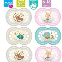 MAM SkinSoft Silicone Soothers 6-16 months Day & Night for Girls , 6 pieces, 3 travel boxes
