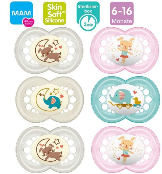 MAM SkinSoft Silicone Soothers 6-16 months Day & Night for Girls , 6 pieces, 3 travel boxes
