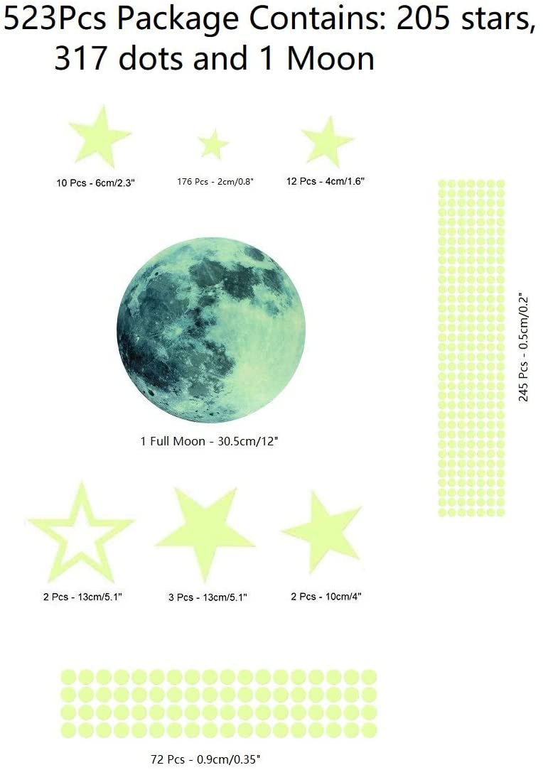 iZEN 523PCS Glow in the Dark Stickers Glow in Dark Moon Dots Stars Luminous Wall Sticker Kids Decals - Image 2