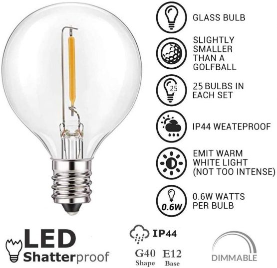 25 Pack G40 LED Replacement Bulbs: 0.6 Watt, Warm White, Candelabra Screw Base, Fits E12 and C7 Sockets for G40 Globe String Lights, Indoor/Outdoor Use, Secure & Convenient Packaging - Image 3
