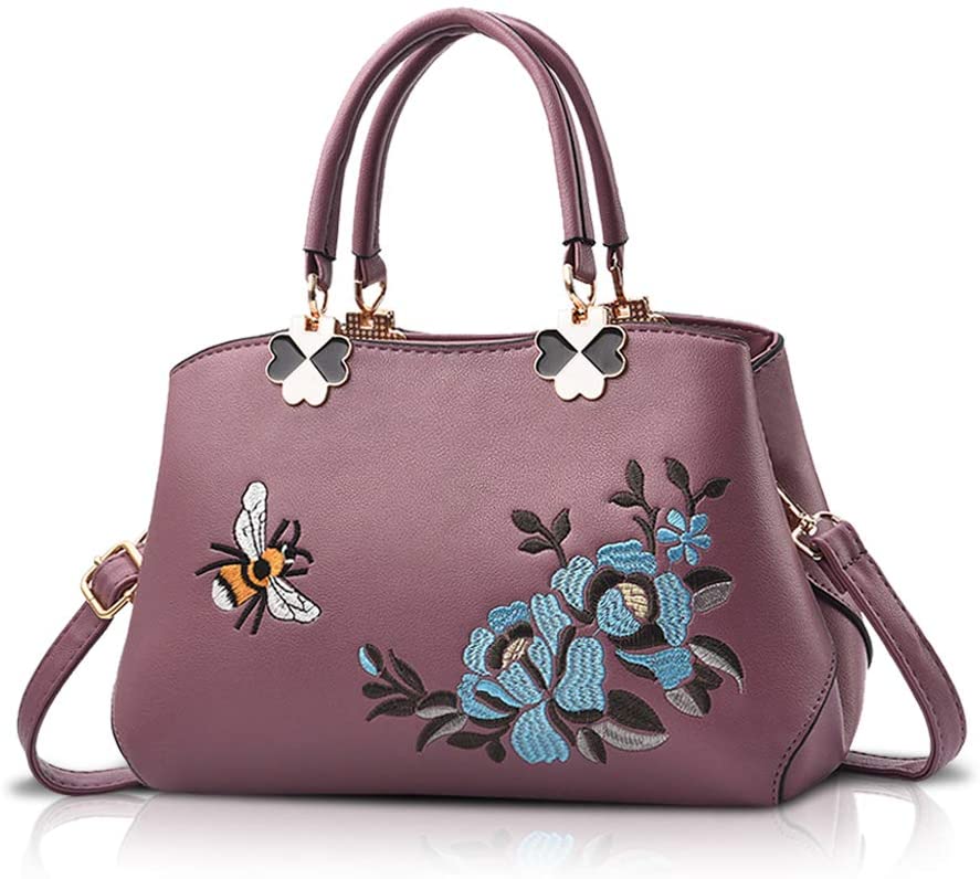 NICOLE&DORIS Women Top Handle Handbags Retro Crossbody Bag Ladies Fashion Shoulder Bag Purse Tote Embroidery Purple Bee