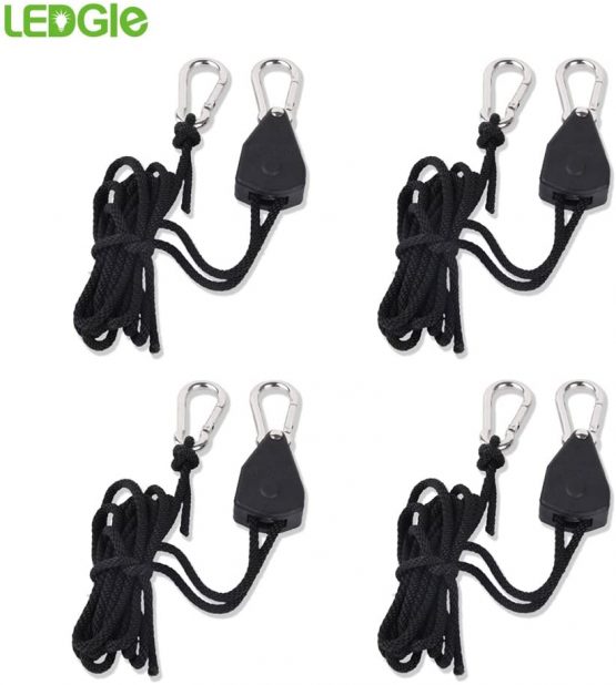 LEDGLE Rope Ratchet Clip Hangers, 1/8" Heavy Duty Ratchet Ropes, Grow Light Hangers, Silver-Painted Metal Internal Gears 6ft, 150lb Capacity per Pair, Fully Locking Tear and Rust Resistant, 2 Pairs