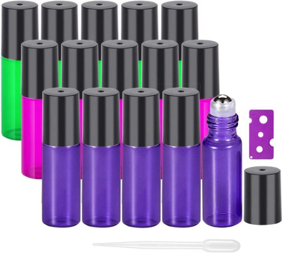 15Pcs, 5ml Essential Oil Roller Bottles - Yalbdopo Mini Refillable Glass Roll on Bottles with Stainless Steel Roller Balls & Black Lids, Perfect for Aromatherapy, Essential Oils, Fragrance (3 Colors)