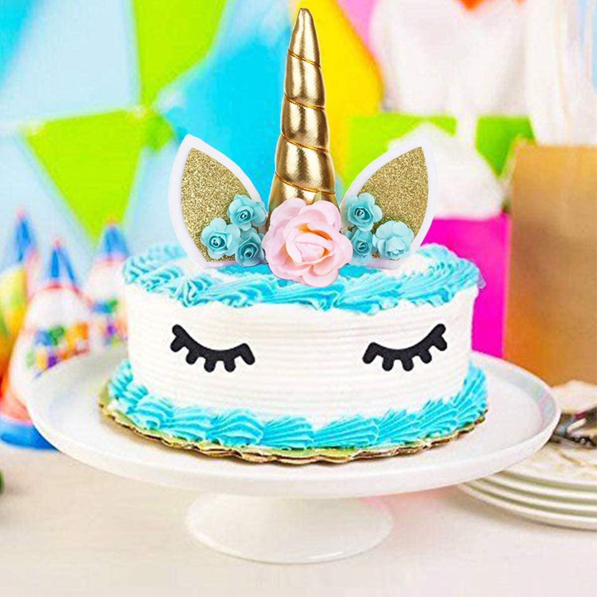 OWill Unicorn Cake Topper with Eyelashes Party Cake Decoration Supplies for Birthday Party Wedding Baby Shower 5.8 inch (Green Flower Multicolour Horn) - Image 3