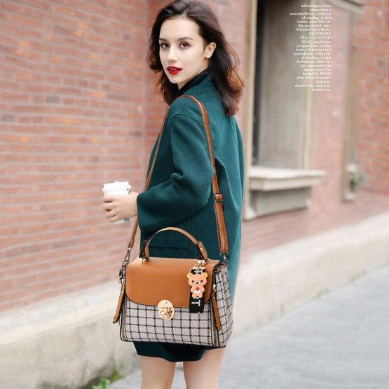 NICOLE&DORIS Women Handbags Cute Crossbody Bag for Girls Lattice Shoulder Bags PU Leather Messenger Bag Top-Handle Bag with Flap Brown - Image 2