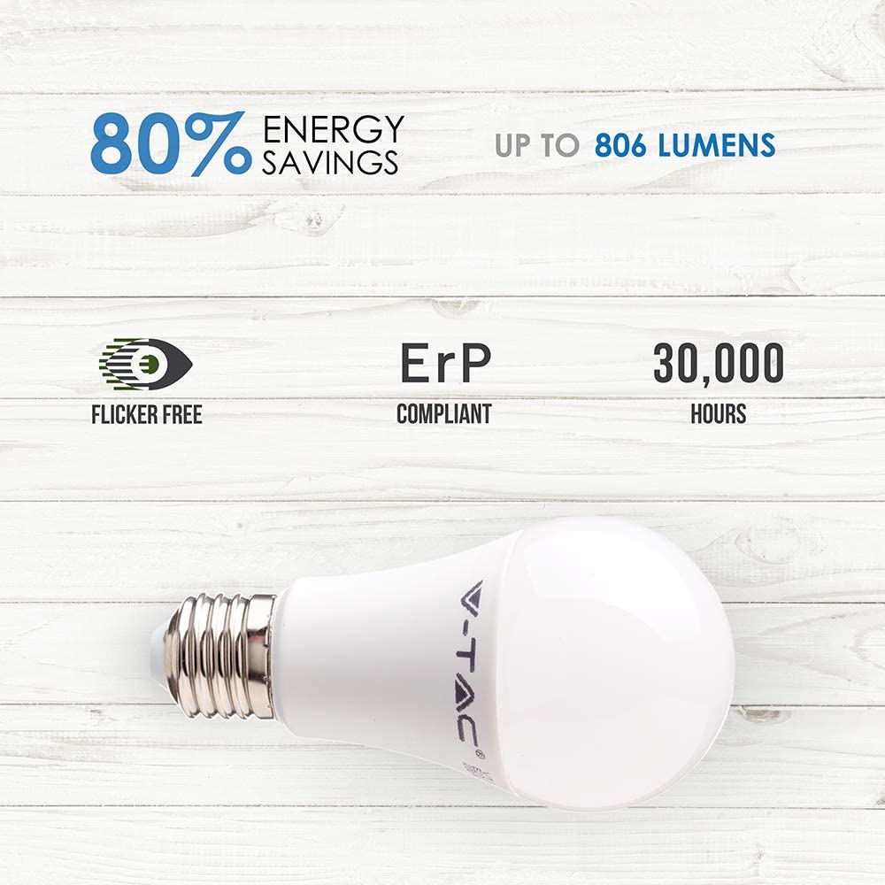 V-TAC 5 Pack E27 LED Light Bulb 9W (Replaces 60W) Cool White, 6400k - Image 3