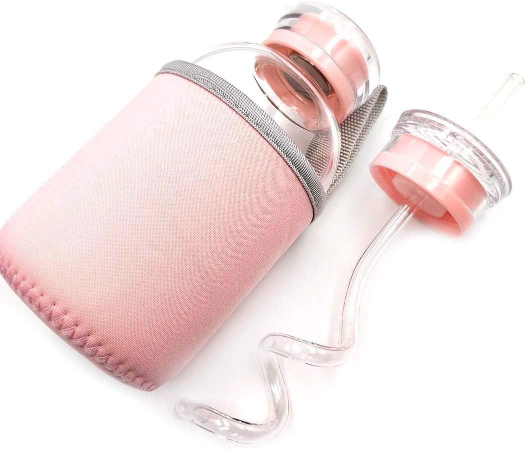 Glass Water Bottle with Bendable Straw Drinking Bottle Cute with Pink Cotton Sleeve Borosilicate BPA Free for Girl Women for Home School Office Gym Travel - Image 3