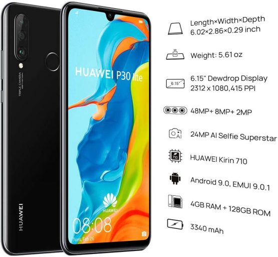 Huawei P30 Lite 128 GB 6.15 inch FHD Dewdrop Display Smartphone with 48MP AI Ultra-wide Triple Camera, 4GB RAM, Android 9.0 Sim-Free Mobile Phone, Single Sim, UK Version, Midnight Black - Image 3