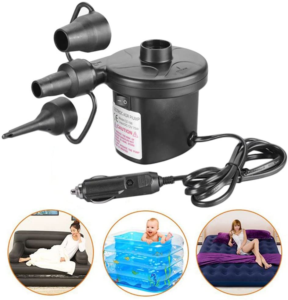 Cheeroyal Car Charger Electric Air Pump,Automatic Inflatable Boat Pump 3 Nozzle Car Charger Universal Valves Inflates and Deflates for Garden Home Holiday Camping Airbed,Beach Inflatables