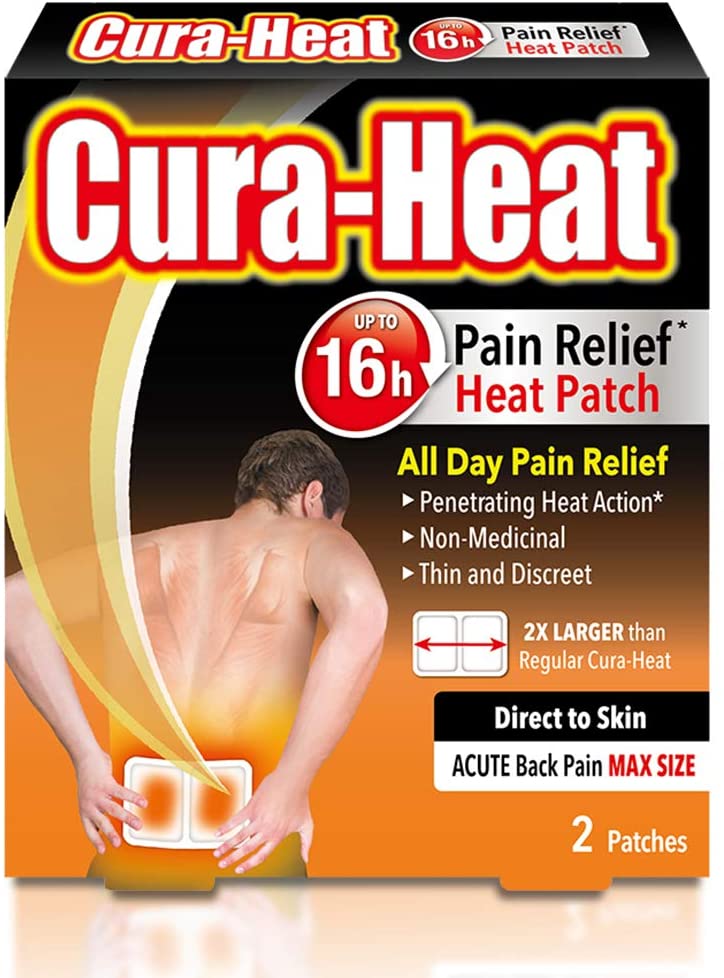 Cura-Heat Back Pain MAX Size Direct-to-Skin 2 Patches, White, Pack of 2