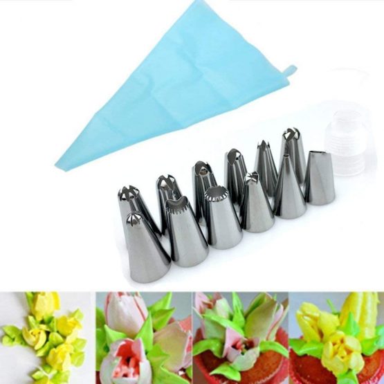 Cake Decorating Equipment 14 Pieces Icing Decoration Kit Piping Nozzle + Silicone Pastry Bags Tool Piping Cream Stainless Steel Nozzles Decorator Pastry Cream Making Set for Dessert Cupcakes Koksi - Image 2