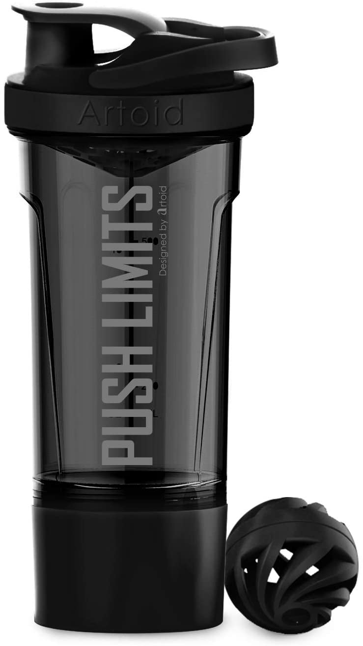 Artoid Mode 720ml Sports Fitness Workout Protein Shaker Bottle Black Grey with Twist and Lock Protein Box Storage