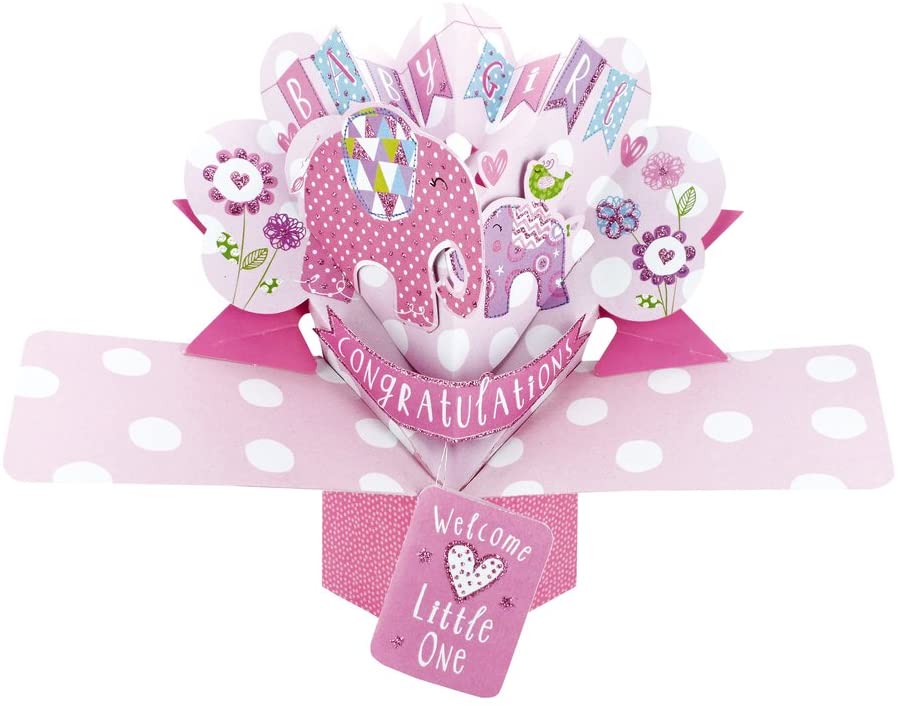 New Baby Girl Pop-Up Greeting Card Original Second Nature 3D Pop Up Cards, flower butterfly lily:pink, 9 cm x 23 cm x 17 cm