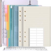 FANDAMEI A5 Ruled Refills Paper with 6 Ring Binder Cover Accessories Set - PP Notepaper Protector + 90 Sheets Refillable Lined Paper + Index Divider + 2 Pcs Binder Envelope Pockets + Ruler + Labels