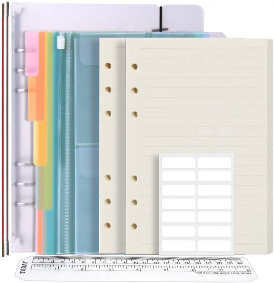 FANDAMEI A5 Ruled Refills Paper with 6 Ring Binder Cover Accessories Set - PP Notepaper Protector + 90 Sheets Refillable Lined Paper + Index Divider + 2 Pcs Binder Envelope Pockets + Ruler + Labels