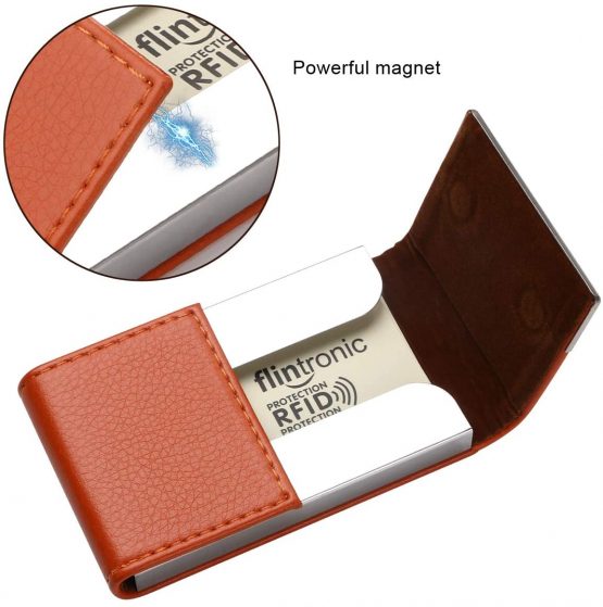 flintronic Business Card Holder | PU Leather Credit Card Holder, Slim Stainless Steel ID Case for Men/Women | Double Open Magnetic Buckle Keep Your Business Name Cards Clean (Orange) - Image 2