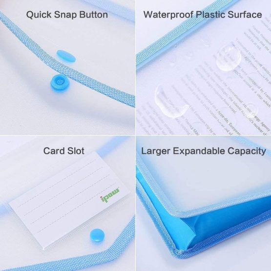 A4 Plastic Wallets, Ipow 6 Pcs Plastic Folders Document Files Folders Popper Wallet Envelope Pockets Large Capacity with Quick Snap Closure, Card Slot for Office Home School Travel - Image 4