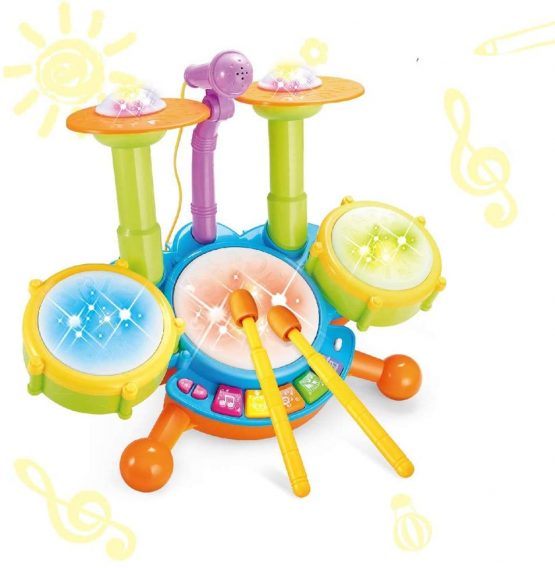 deAO Beginners Musical Table Top Drum Kit Play Set with Drum Sticks, Microphone, Light Features, Interactive Music and Sounds for Babies Kids and Toddlers - Image 2