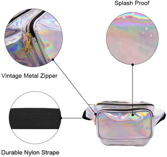 Geestock Holographic Fanny Pack for Women/Men, PVC Waterproof Shiny Waist Bag, Laser Waist Bum Bag with Adjustable Belt for Travel, Party, Festival Rave, Running, Hiking (Silver) - Image 4