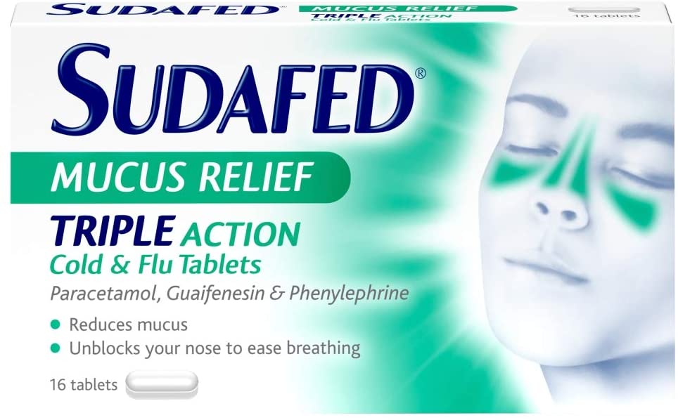 Sudafed Mucus Relief Triple Action Cold & Flu Tablets (Pack of 16), Helps Fight Cold and Flu and Unblocks The Nose