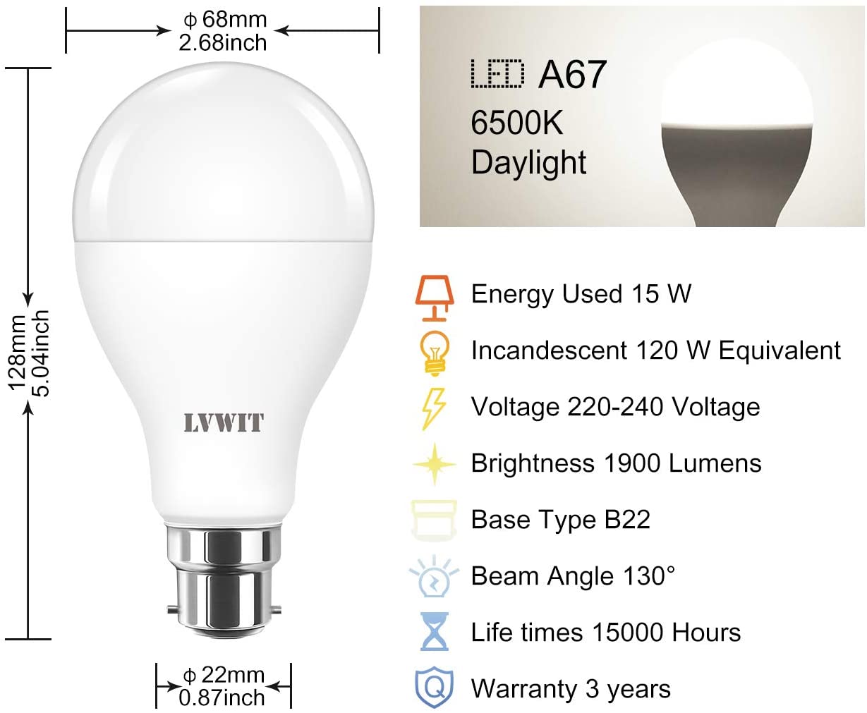 LVWIT B22 LED Bulbs,16W B22 Bayonet Light Bulbs Equivalent to 126W Incandescent Bulb,Cool White 6500K,1900LM Super Bright Daylight,BC GLS Bulbs Energy Saving,Non-dimmable,140mm x 71mm,Pack of 6 - Image 3