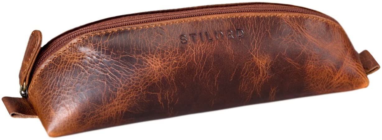 STILORD "Willem" Pencil Case Leather Pencil Pouch for Men Women Vintage Stationery Bag with Zipper Colour:Kara - Cognac