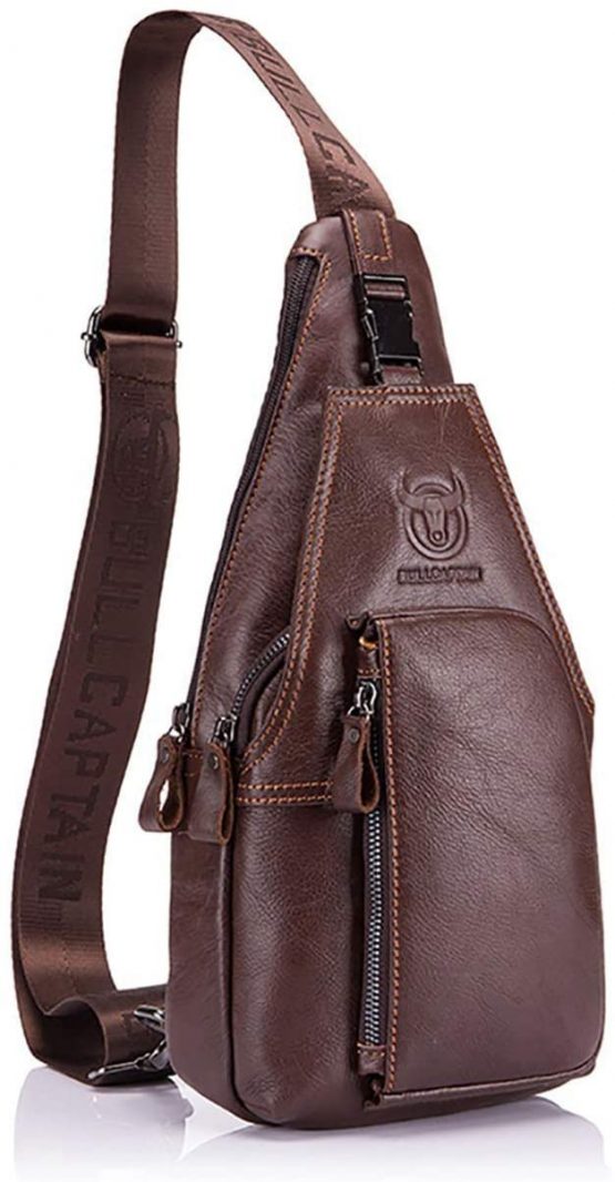 Men Sling Bag Leather Chest Bag Crossbody Shoulder Bag Sling Bags Backpack Messenger Bag Daypack for Business Casual Sport Hiking Travel Brown