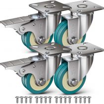 GBL - Castor Wheels 50mm + Screws 200KG | 4 Moving Caster Wheels with Brake Heavy Duty Swivel Wheels for Furniture - Trolley Wheels with PU Rubber | Heavy Duty Castors for Furniture