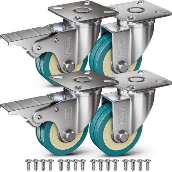 GBL - Castor Wheels 50mm + Screws 200KG | 4 Moving Caster Wheels with Brake Heavy Duty Swivel Wheels for Furniture - Trolley Wheels with PU Rubber | Heavy Duty Castors for Furniture