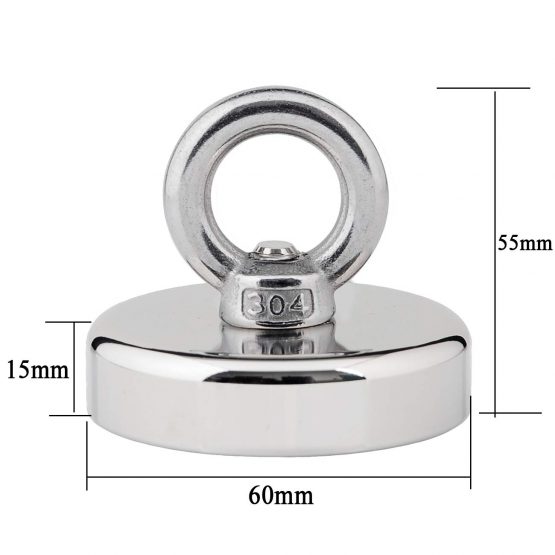 Uolor Magnet Fishing Kit with Rope 20M(66ft) & Gloves, N52 Super Power 160KG(353LB) Pulling Force Round Neodymium Eyebolt Fishing Magnet for Magnet Fishing and Salvage in River - Diameter 60MM - Image 2