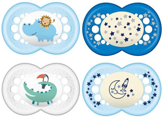 MAM Day and Night "Skin Soft" Silicone Dummies, 16+ Mix, Set of 4 With 2 Sterilised Transport Boxes