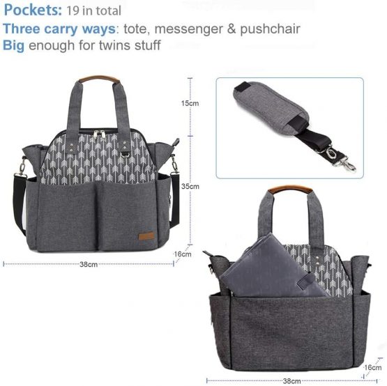 Lekebaby Baby Nappy Changing Bag Satchel Messenger Large Capacity, Arrow Print, Grey - Image 4