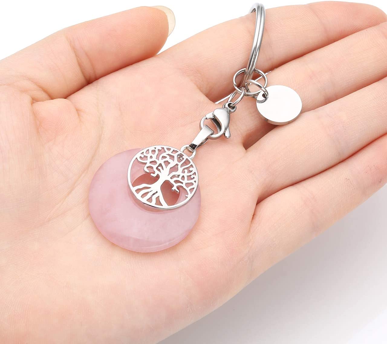 Jovivi Rose Quartz Healing Crystal Keyring Tree of life Gemstone Keychain Key Ring Gifts for Women Girls, 22mm - Image 3