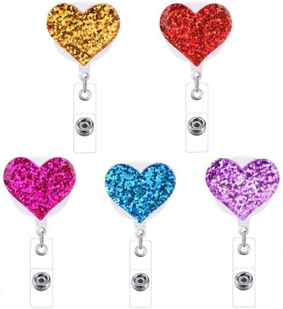 5 Pcs Heart Retractable Badge Holder Badge Reel Badge Name Holder ID Badge Reel Cord with Alligator Clip for Office Work School Business Travel Nurse Employee