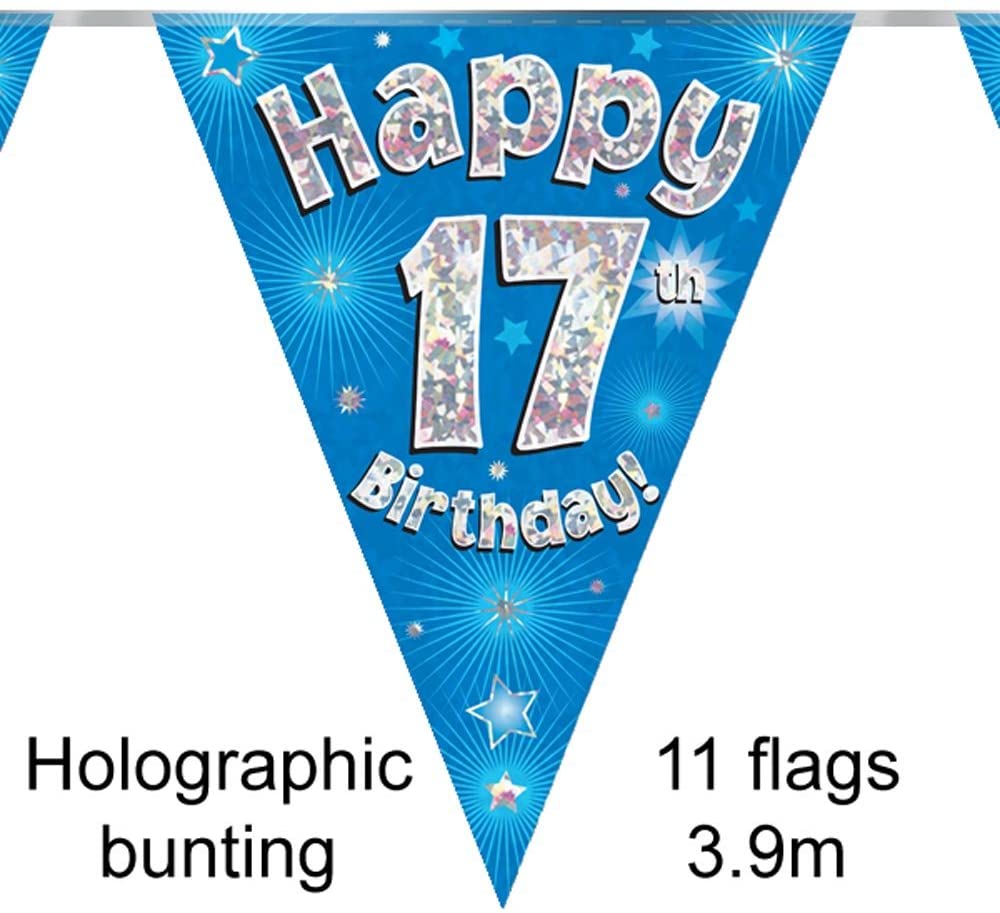 Party Bunting Happy 17th Birthday Blue Holographic 11 flags 3.9m, 14.2 centimeters