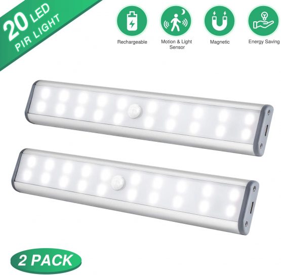 Wireless Under Cabinet Lighting, 20 LEDs Motion Sensor Cupboard Lights, Under Cabinet Kitchen Lights USB Rechargeable LED Closet Lights Magnetic Strip Stick-On Wardrobe, Closet, Kitchen, Stairs