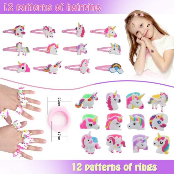 Anpro 90pcs Unicorn Party Bags Filler,Unicorn Pinatas Filler,Contains 9 Different Unicorn Goods(Hairpin，Slap Bracelets，Keychain，Temporary Tattoos Sticker and so on),Suitable for 3+ Girls - Image 3