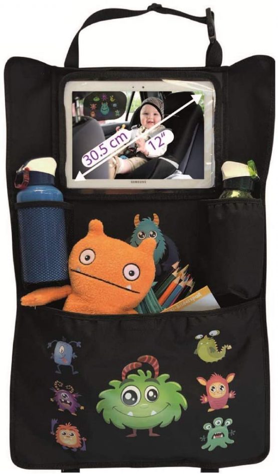HECKBO® car backseat organizer with adjustable tablet pocket for tablets up to 20 inches with touch foil - Monster + Unicorn print - universal fit - incl. thermo pocket + stretch net pocket - washable