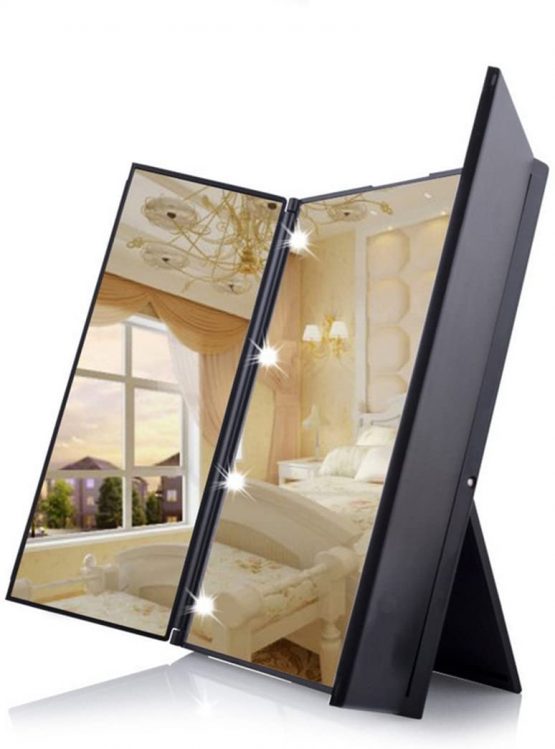 Dproptel Unique Tri-Fold Cosmetic Makeup Mirror Travel Compact Pocket Make Up, Black, 8LEDs