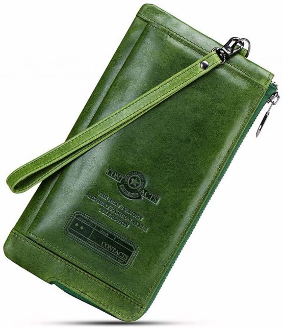 Contacts Mens Genuine Leather Bifold Card Holder Zipper Coin Purse Wallet (Green)