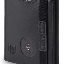 DODENSHA Mens Leather Wallet Mens Slim Card Holder Wallet RFID Blocking Wallets Trifold Wallets for Men with Zip Coin Pocket, 1 Banknote Compartment, 6 Card Slots, ID Window, Elastic Strap (Black）