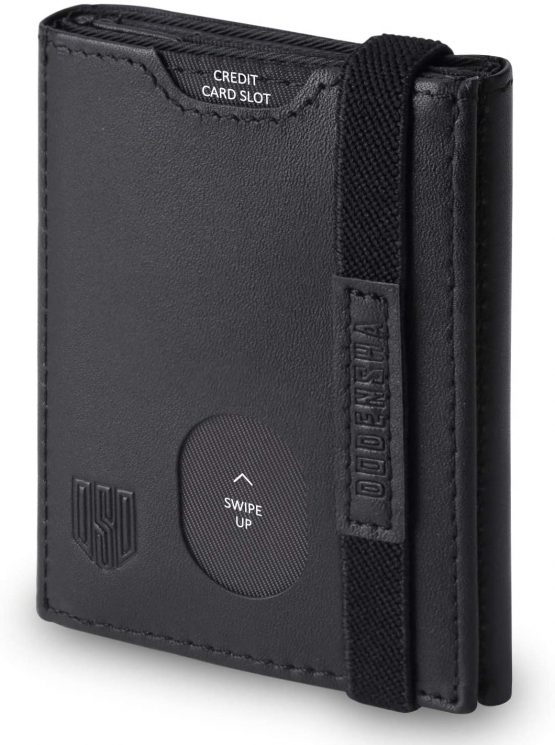 DODENSHA Mens Leather Wallet Mens Slim Card Holder Wallet RFID Blocking Wallets Trifold Wallets for Men with Zip Coin Pocket, 1 Banknote Compartment, 6 Card Slots, ID Window, Elastic Strap (Black）