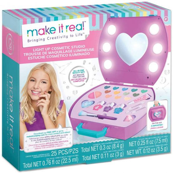 Make It Real - Light-Up Cosmetic Kit - Kids Makeup Case with Mirror and Lights for Girls and Tweens - Includes Eyeshadow, Nail Polish, Blush, Lip Gloss, Nail File, Makeup Brushes