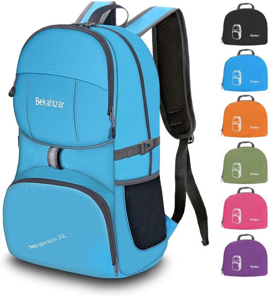 Bekahizar 35L Lightweight Rucksack, Soft Foldable Backpack, Upgraded to 4 Compartments Daypack for Travel Hiking Camping Cycling Outdoor Sports